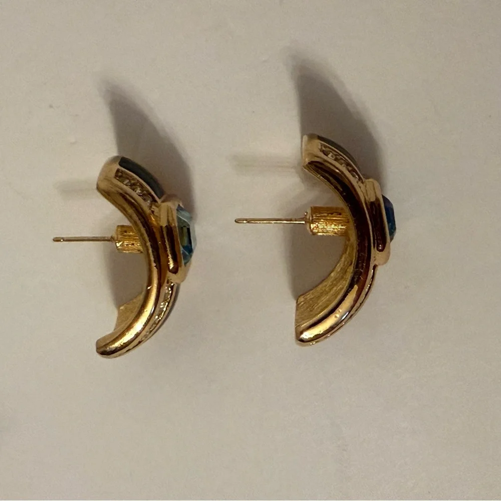 CHRISTIAN DIOR EARRINGS Unsigned BLACK ENAMEL BLUE CLEAR CRYSTALS HUGGIE POST - Picture 8 of 10